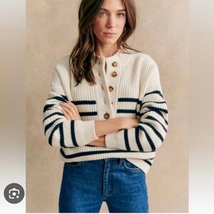Sezane Lucas Jumper Striped Ecru and Navy Button-Up Sweater
